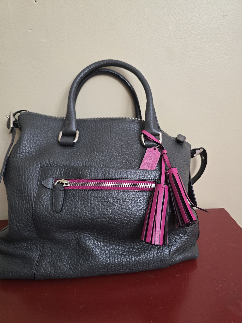 Coach Gray Leather Tote with Pink Tassel and Zip Accent